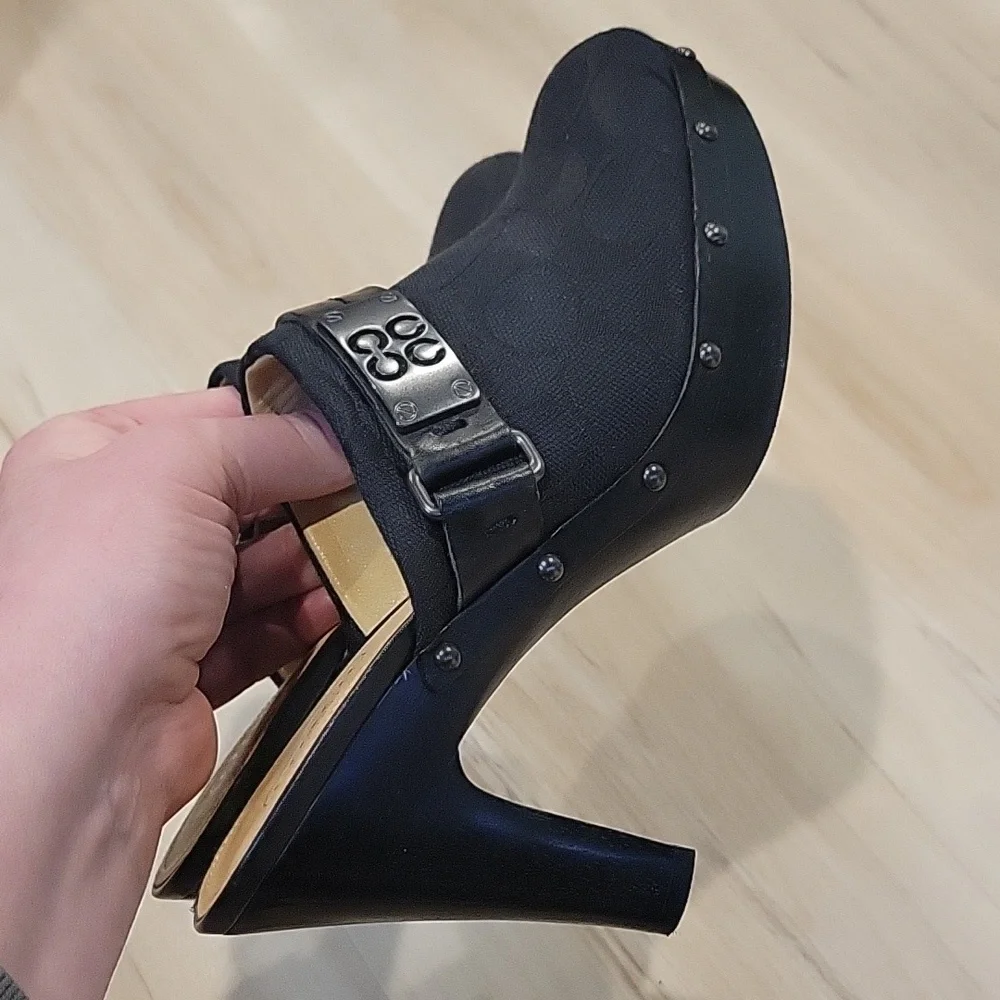 COACH Black Ivy C Signature Logo Fabric Clogs Mules Wooden Heels 7. - Picture 7 of 10